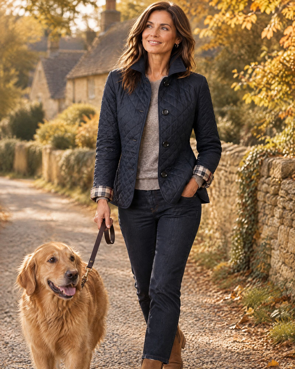 The navy quilted jacket on a Cotswolds walk