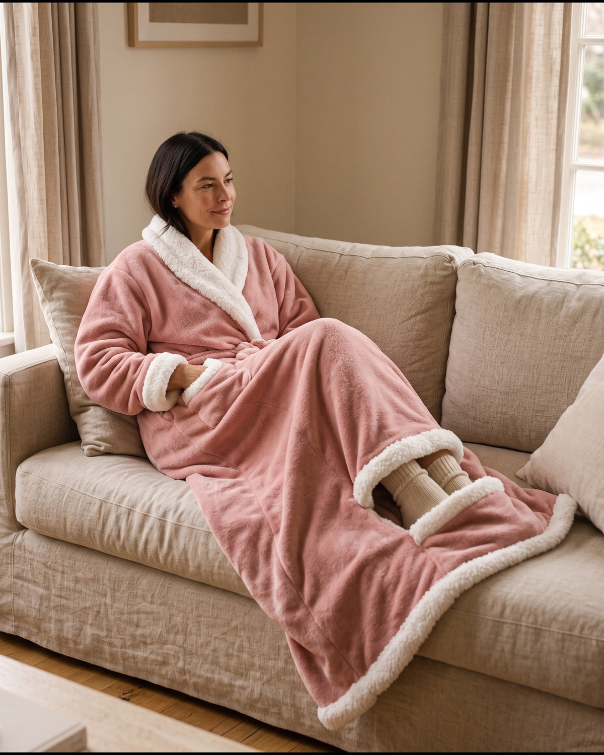 Feet tucked into the heated foot pocket at the hem of the pink Hugwarm wearable blanket