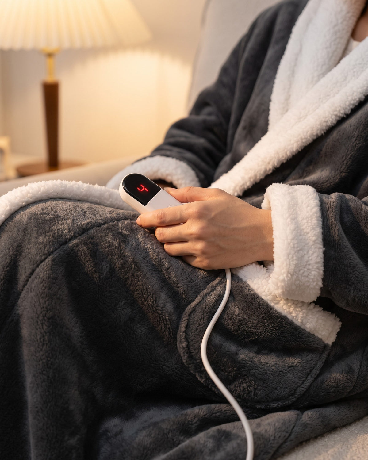 The Hugwarm controller with six heat levels, held on the lap of the Charcoal Grey blanket