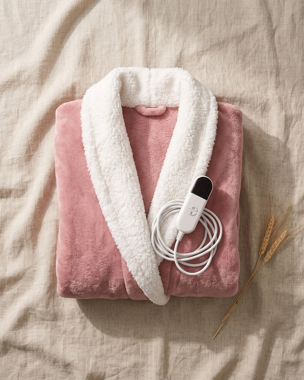 Pink Hugwarm blanket folded with its detachable controller and cord
