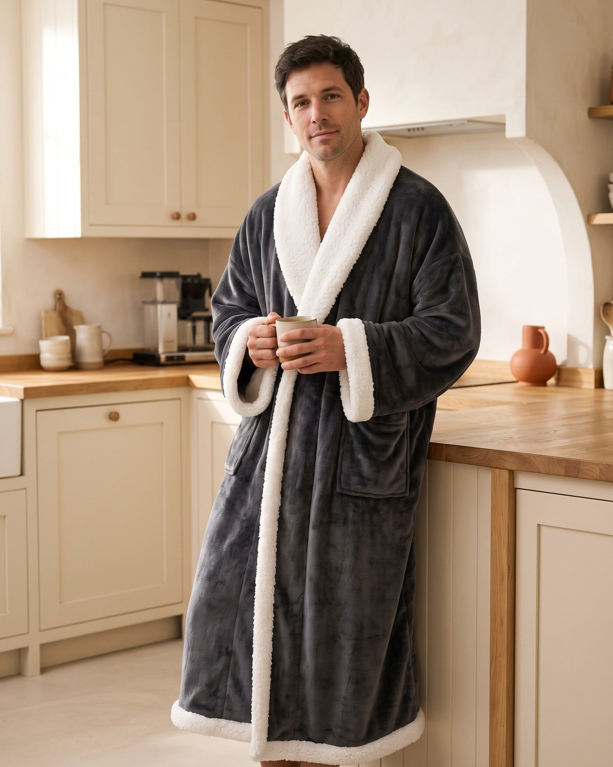 The Hugwarm heated wearable blanket in Charcoal Grey, worn in a kitchen with a coffee