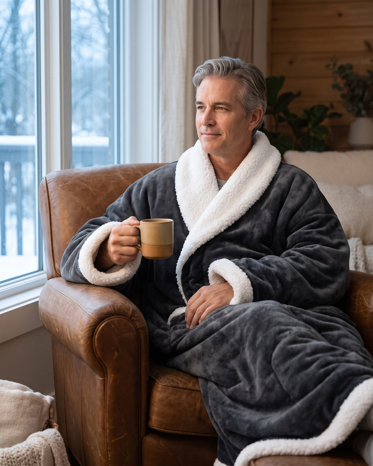 Charcoal Grey Hugwarm blanket worn in an armchair on a winter morning